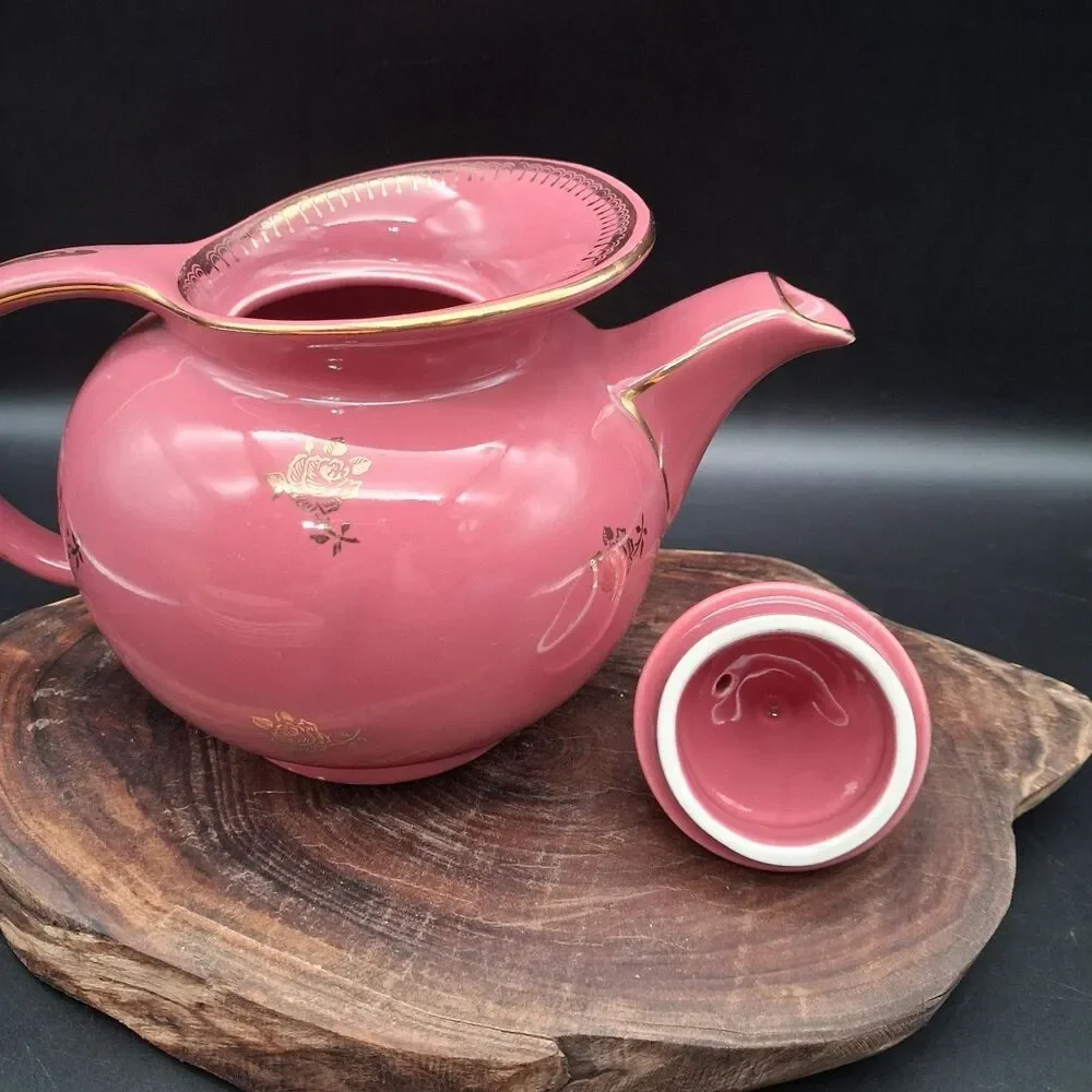 Vintage Hall China Windshield Teapot 6 Cup Orchid Pink Mauve Gold Roses 0691